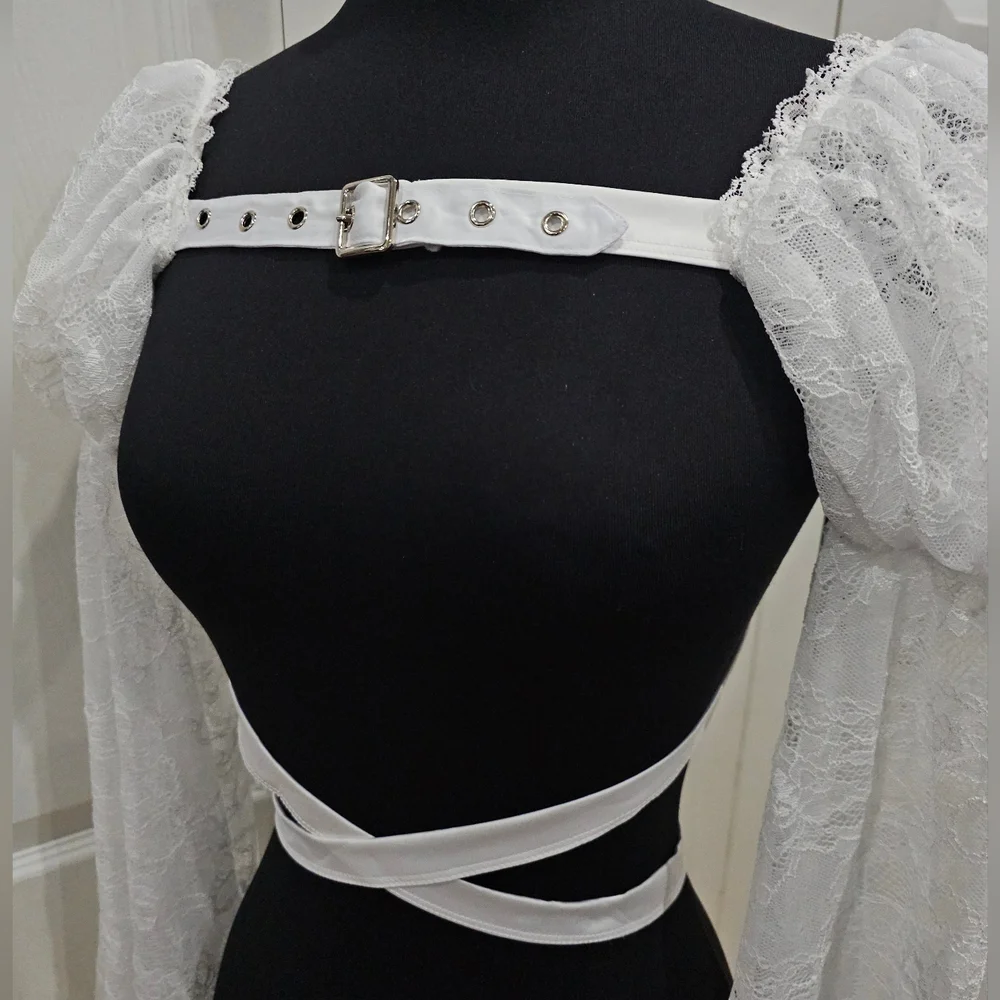 Dolls Kill Widow Goth White Lace Buckle Somber Soul Bondage Harness Shrug Top OS - Picture 6 of 10